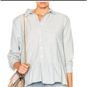 The Great. The Drop Ruffle Oxford Shirt Button Down Indigo Stripe Blue Sz Med